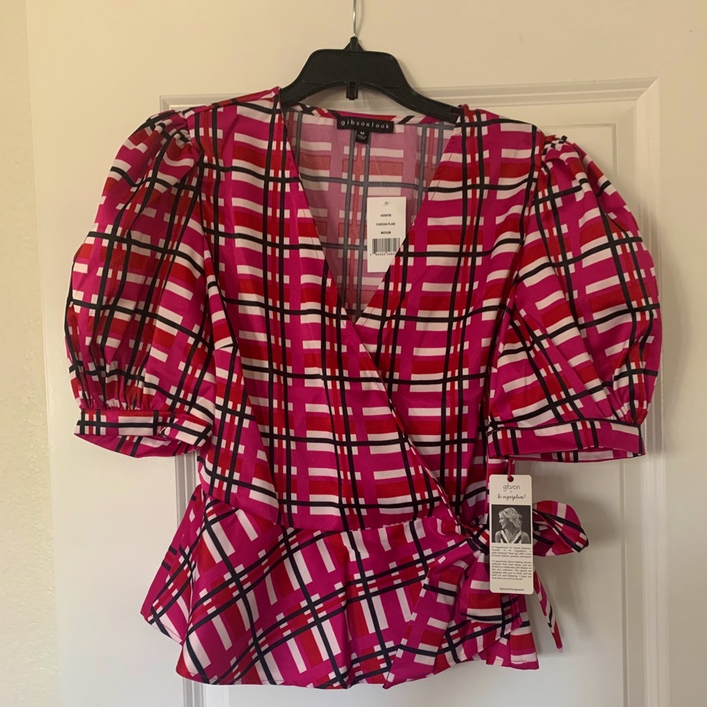 Gibson Satin Wrap Top - Hot pink, black and white